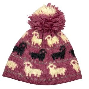 VTG Unbranded Women's Wool Lam Graphic Big Pom Pom Beanie O/S